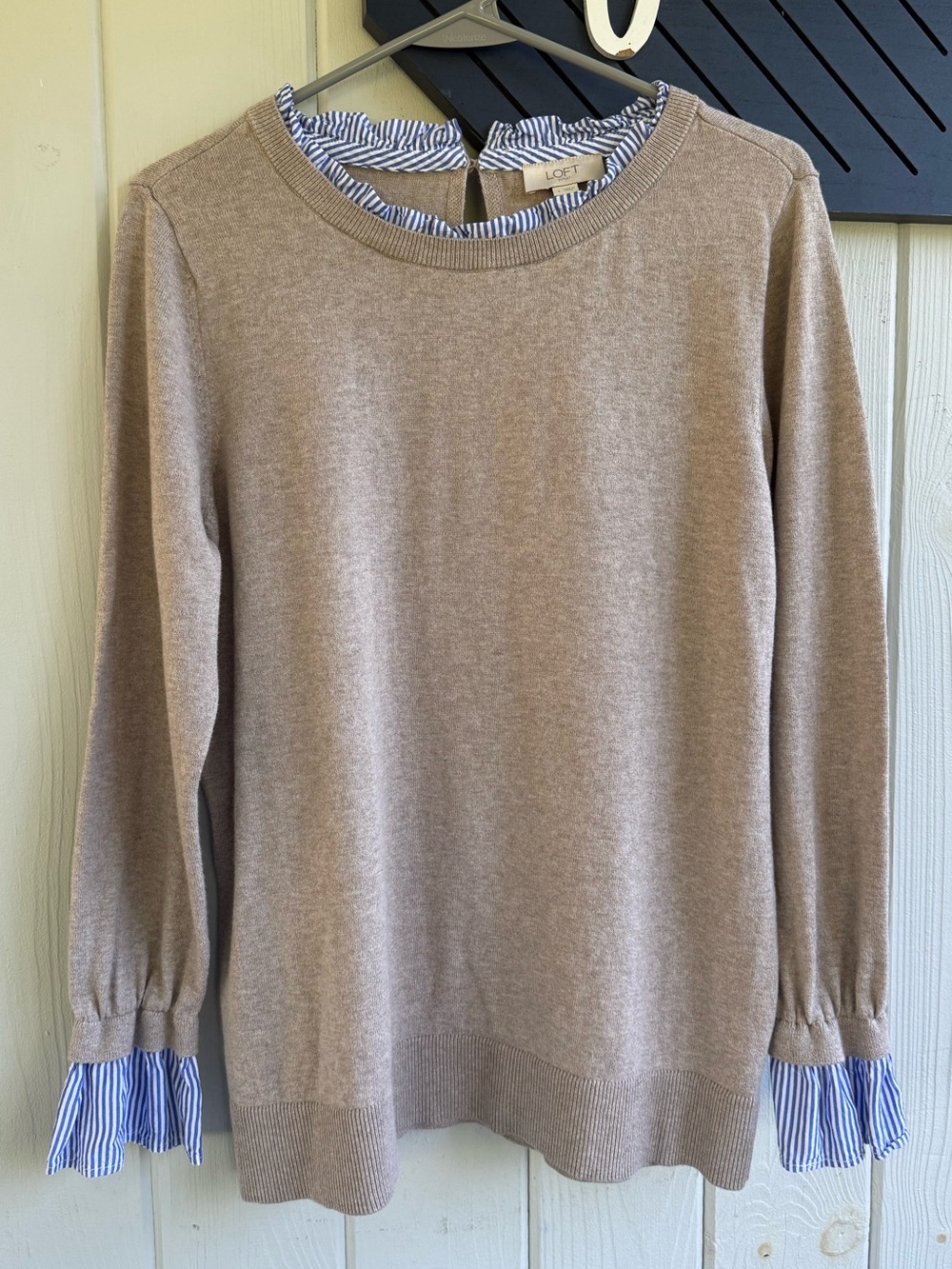 LOFT Taupe Pullover with Blue Stripe Ruffle Cuffs